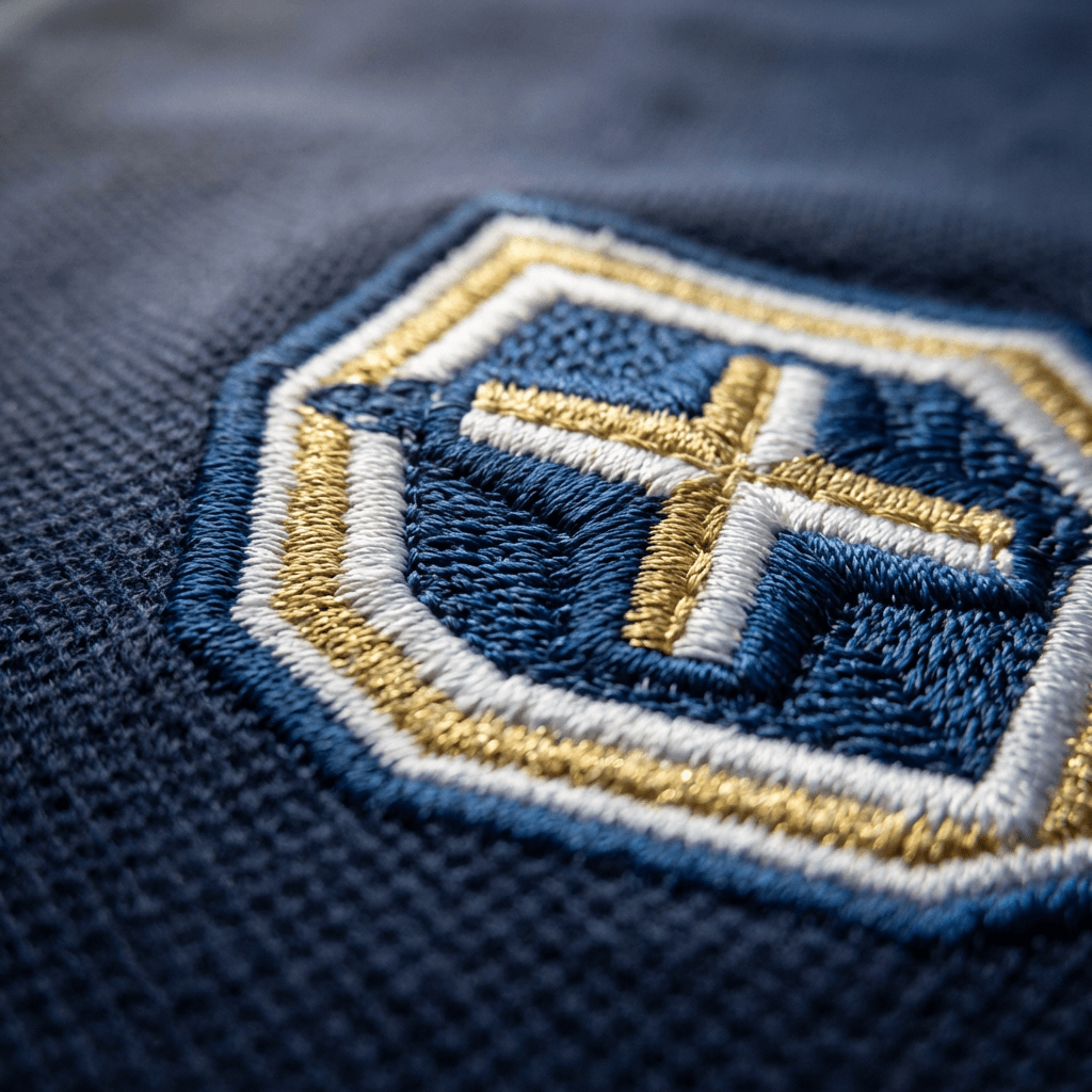 Close-up of finished embroidery on a structured cap showing thread quality, logo registration, and stitch definition