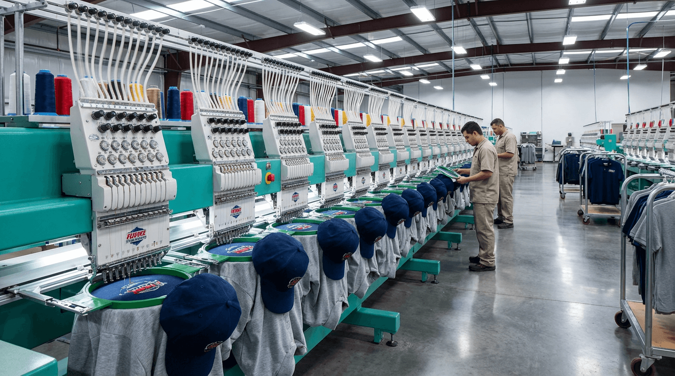 Industrial multi-head embroidery machine running a large-volume embroidery production order at Merch Factory Direct