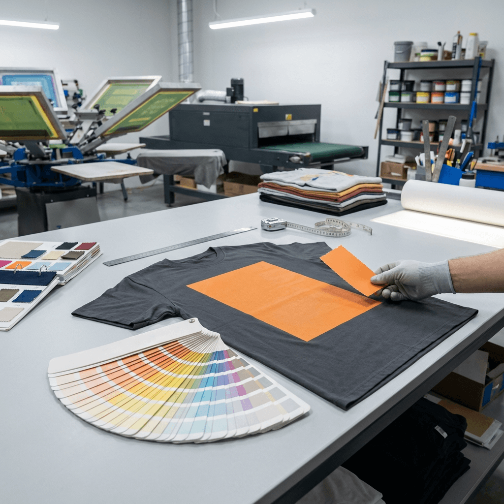 Printed garment compared against open Pantone fan deck for color match verification