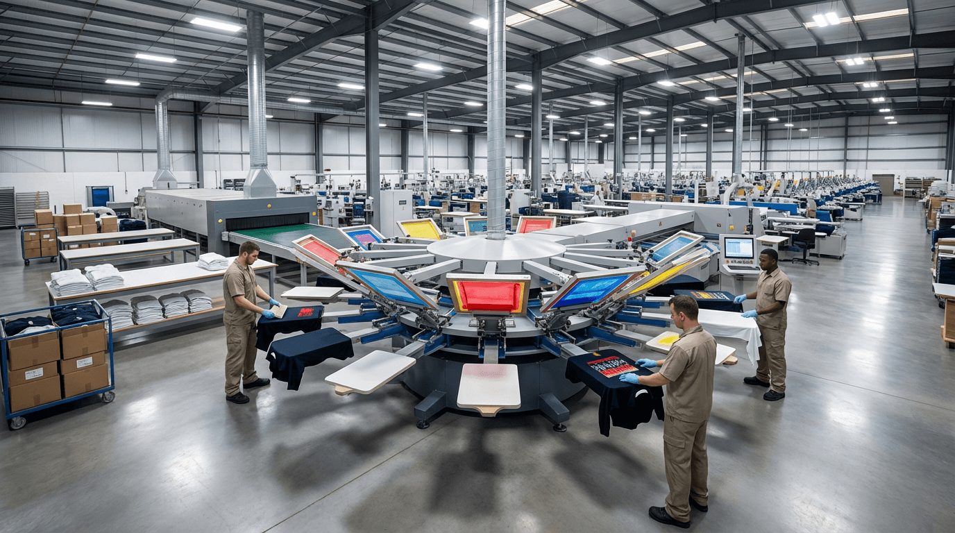 Mass production apparel printing and embroidery on an automated production floor