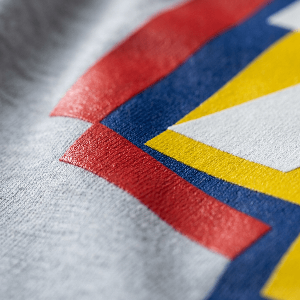 Close-up of screen print detail showing ink layering and coverage on a finished garment